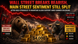Wall Street breaks bearish, Main Street sentiment still split after gold struggles to maintain $4,000 support amid summer doldrums