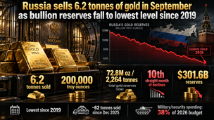 Russia sells 6.2 tonnes of gold in September as bullion reserves fall to lowest level since 2019