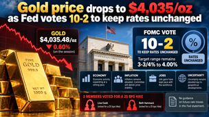 Gold price drops to $4,035/oz as Fed votes 10-2 in favor of rate hold teaser image
