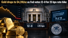 Gold price drops to $4,310/oz as Fed votes 12-0 in favor of 25 bps rate hike, with 16 of 18 policymakers seeing another hike in 2026 teaser image
