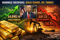 Trump's Hormuz reopening announcement sends gold near $4,900/oz, oil sharply lower teaser image