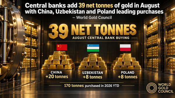 Central banks add 39 net tonnes of gold in August with China, Uzbekistan and Poland leading purchases – World Gold Council teaser image