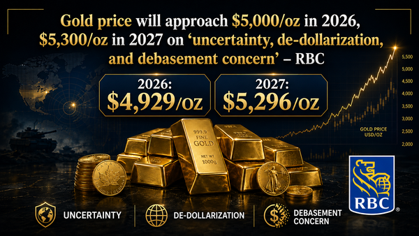 Gold price will approach $5,000/oz in 2026, $5,300/oz in 2027 on ‘uncertainty, de-dollarization, and debasement concern’ – RBC teaser image