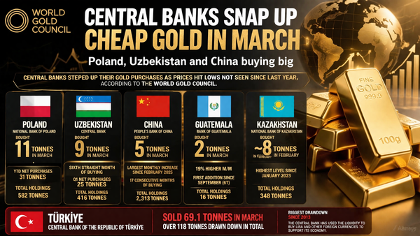 Central banks snap up cheap gold in March with Poland, Uzbekistan and China buying big – World Gold Council teaser image