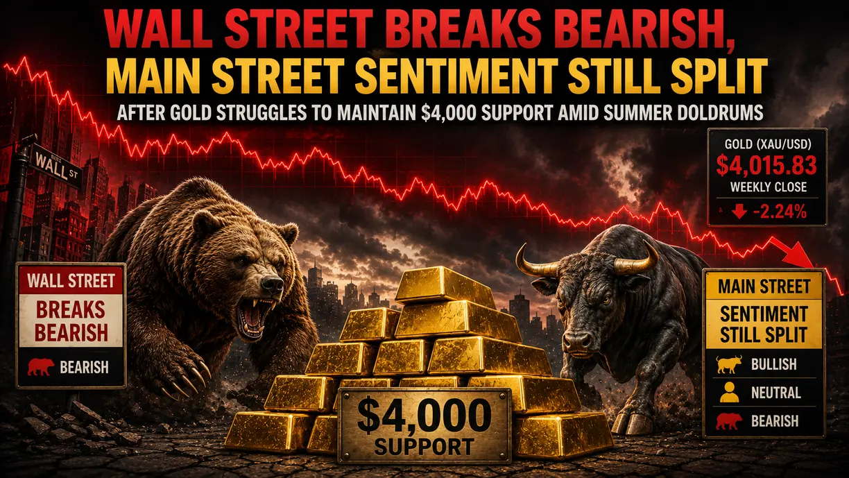 Wall Street breaks bearish, Main Street sentiment still split after gold struggles to maintain $4,000 support amid summer doldrums teaser image