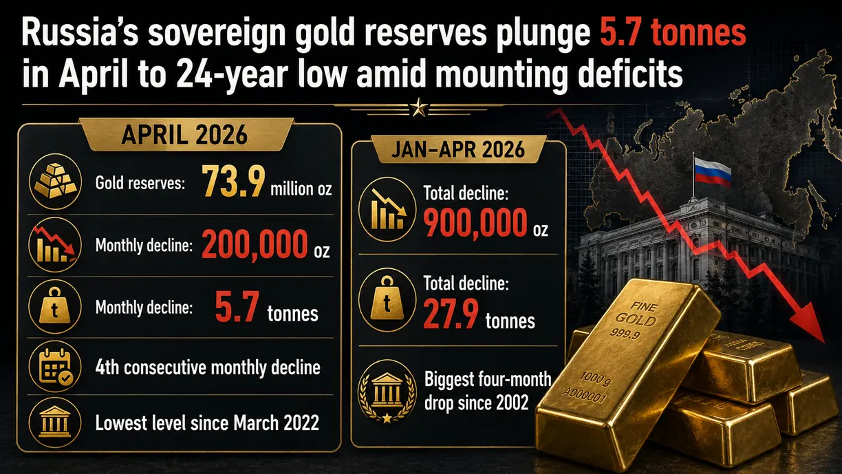 Russia’s sovereign gold reserves plunge 5.7 tonnes in April to 24-year low amid mounting deficits teaser image