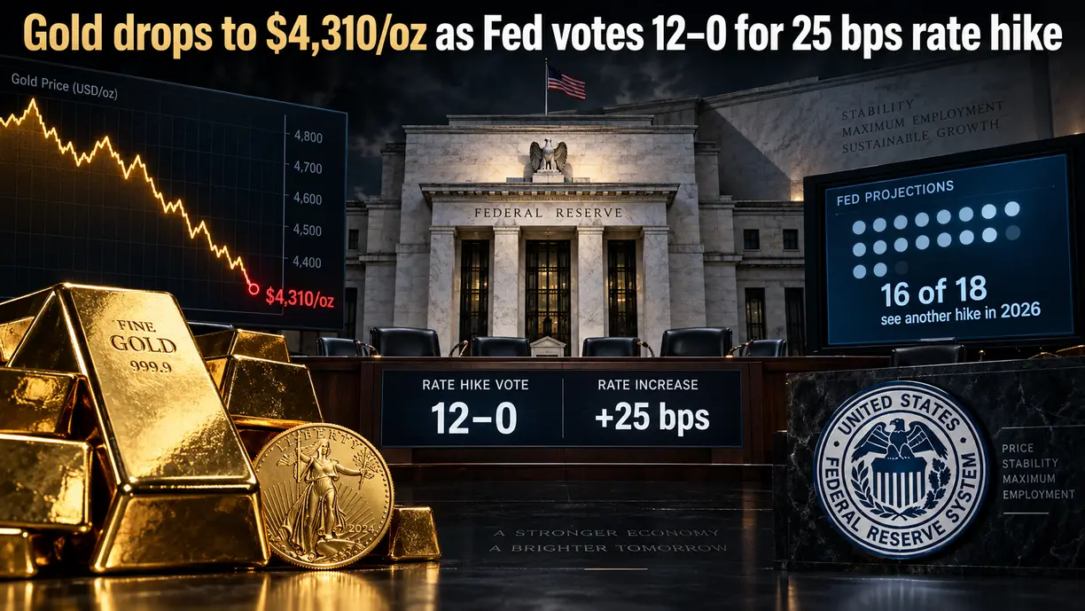 Gold price drops to $4,310/oz as Fed votes 12-0 in favor of 25 bps rate hike, with 16 of 18 policymakers seeing another hike in 2026 teaser image