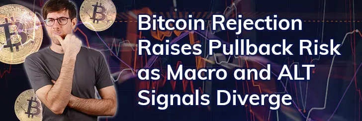 Bitcoin rejection raises pullback risk as macro and ALT signals diverge teaser image