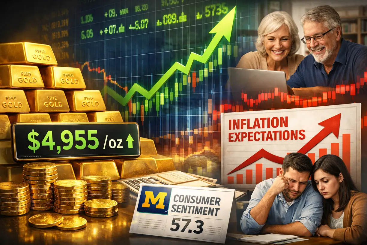 Spot gold at $4,955/oz after preliminary Consumer Sentiment rises to 57.3, but long-term inflation expectations rise again teaser image