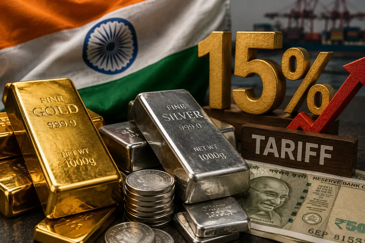 India raises gold and silver tariffs to 15% to curb imports, support rupee teaser image