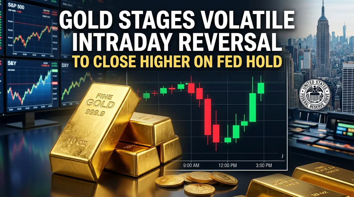 Gold stages volatile intraday reversal to close higher on Fed hold teaser image