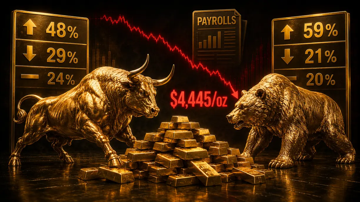 Wall Street holds out hope for gold despite fall to $4,445/oz, Main Street pares bullish majority with payrolls now in focus teaser image