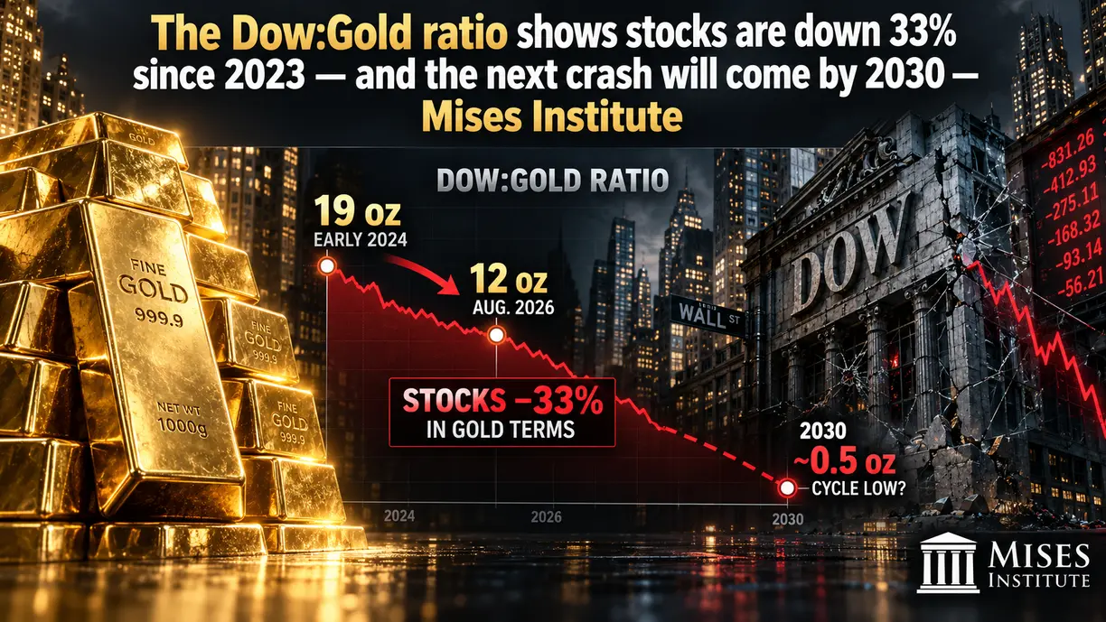 The Dow:Gold ratio shows stocks are down 33% since 2023 – and the next crash will come by 2030 – Mises Institute teaser image