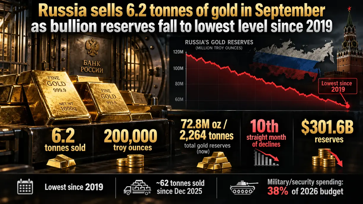 Russia sells 6.2 tonnes of gold in September as bullion reserves fall to lowest level since 2019 teaser image