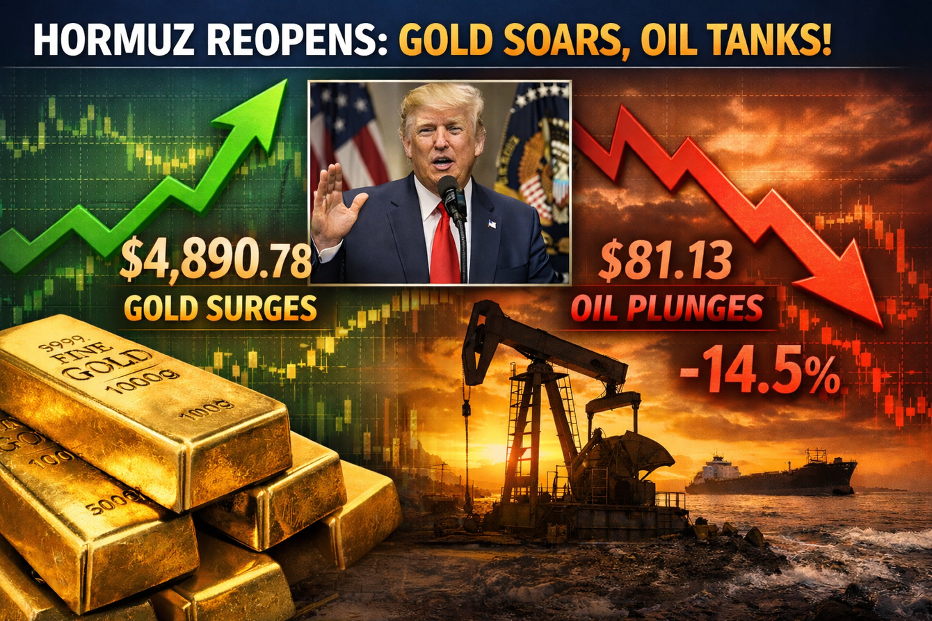 Trump's Hormuz reopening announcement sends gold near $4,900/oz, oil sharply lower teaser image