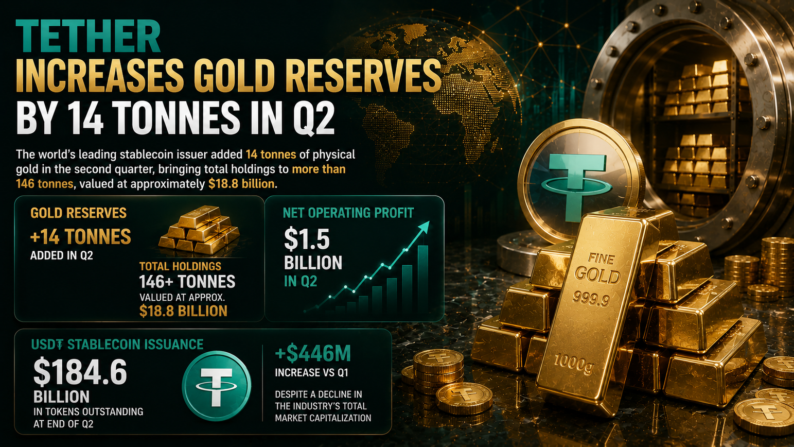 Tether increases gold reserves by 14 tonnes in Q2 as profits increase by 1.5 billion teaser image