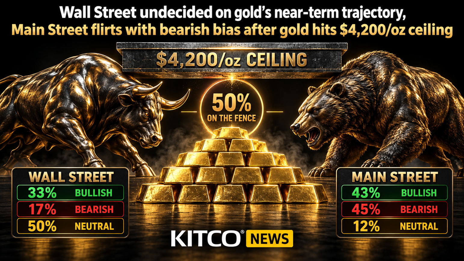 Wall Street undecided on gold’s near-term trajectory, Main Street flirts with bearish bias after gold hits $4,200/oz ceiling teaser image